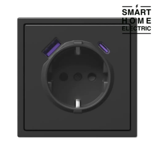Розетка с тонкой рамкой, 1 пост (электрическая с USB и Type C зарядкой 20Вт) черная