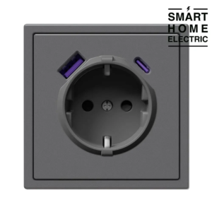 Розетка с тонкой рамкой, 1 пост (электрическая с USB и Type C зарядкой 20Вт) серая
