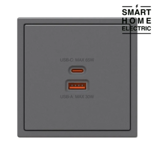 Розетка с тонкой рамкой USB и Type C 65 Ватт с быстрой зарядкой серая